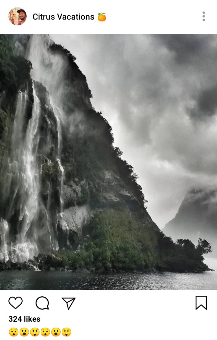 Roach's IG. Photo of fiord mountain and waterfalls under cloudy sky. Caption reads "😲😯😲😯😲😯" 