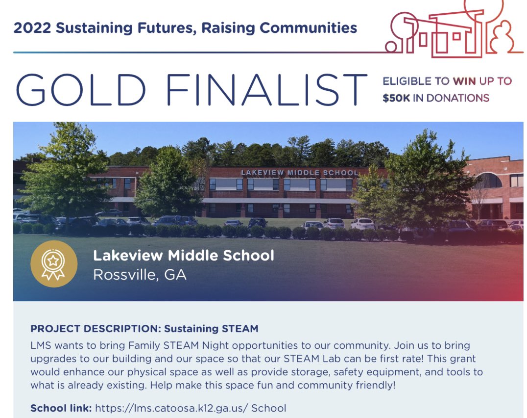 Lakeview Middle is in the running to win up to $50K in donations, but we need your help. Please go vote …stainingfuturesraisingcommunities.com/votingform?Sta… #SFRC2022