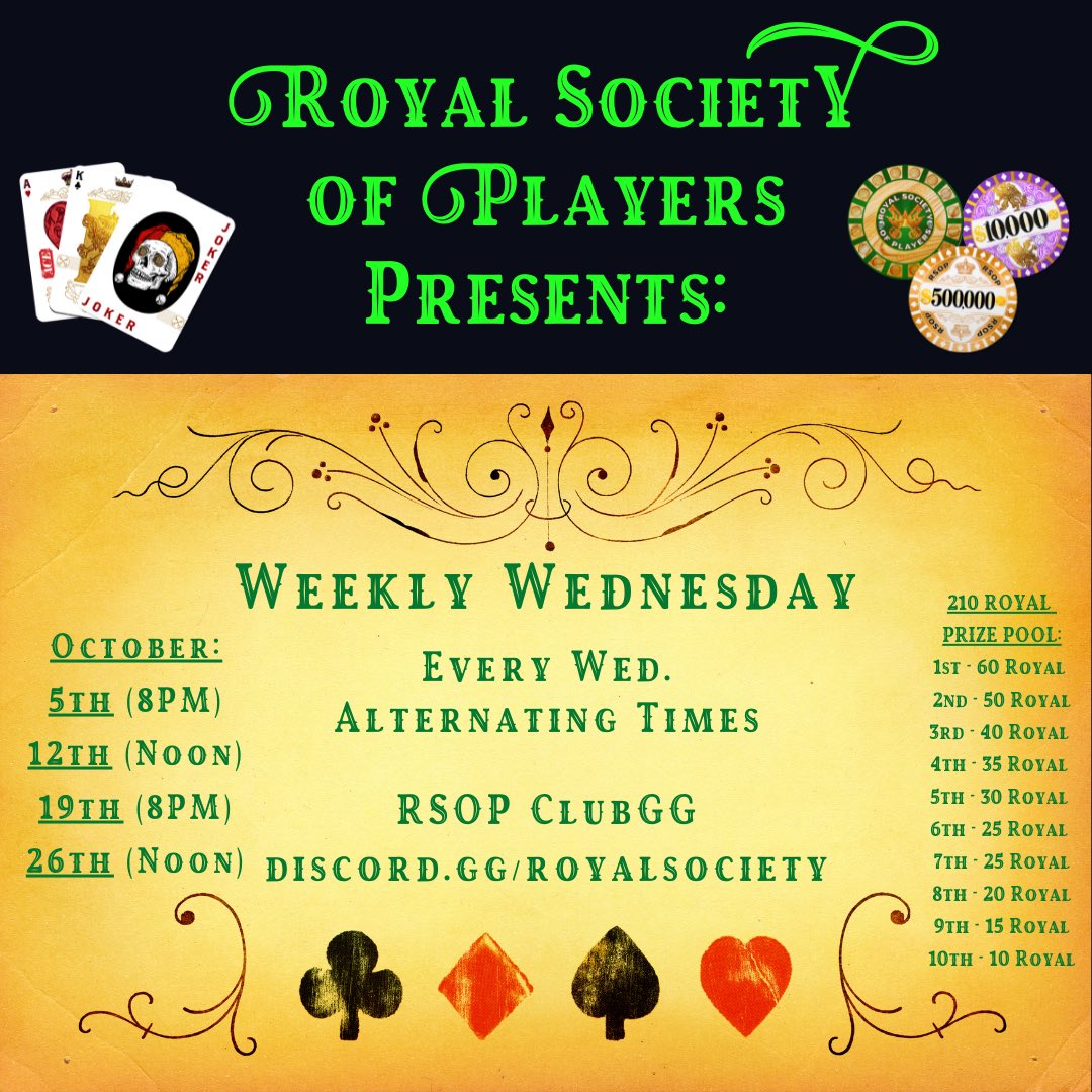 RoyalSocietyOP's tweet photo. 30 minutes until our New Weekly Wednesday #RSOP Poker!
For holders of @RoyalSocietyOP Cards + #MetaversePlayersNFTs
#Poker #NFTGames #NFTGaming #NFTPoker #PokerNight #NFT #CompetitiveStaking #RoyalRumble #NFTCommunity ♥️♣️♦️♠️
Play Games, Earn #ROYAL 👑
Details in Discord. https://t.co/qocq23j3ch