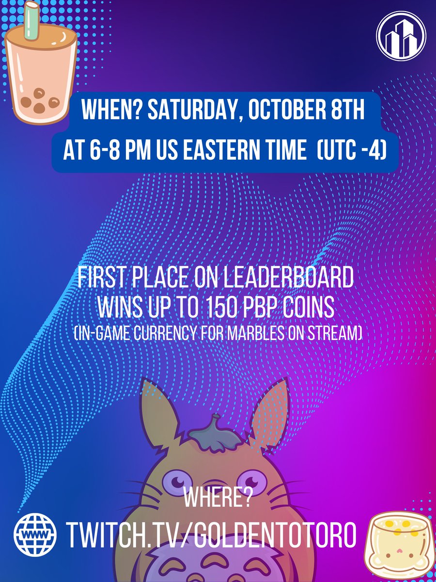 Event takes place Saturday, Oct. 8th at 6-8 PM ET at twitch.tv/goldentotoro. Base prize = 50 PbP coins. If we get 50+ likes on this tweet, it adds 50 PbP coins. 50+ racers during the event will add another 50 PbP Coins. 
 #MarblesOnStream #PbPCoins