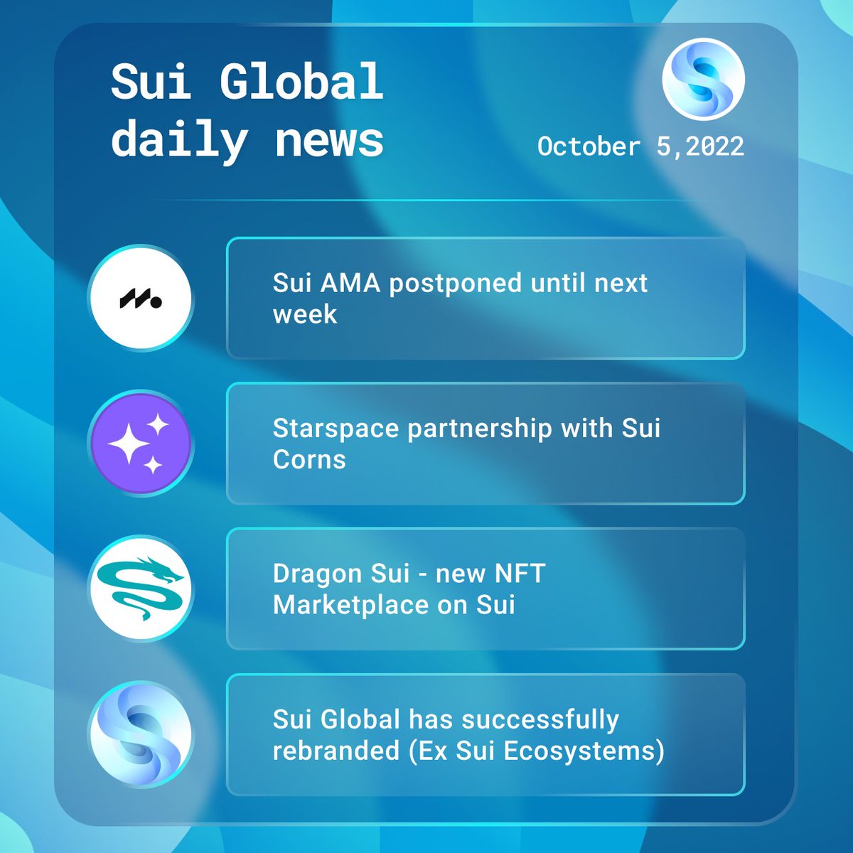 #SuiEcosystem Daily News 🤓

<a href="/Mysten_Labs/">MystenLabs.sui</a>
<a href="/STARSPACEio/">STARSPACE✨</a>
<a href="/dragonsui_com/">Dragon SUI | NFT Marketplace on Sui network</a>
<a href="/SuiGlobal/">Sui Global</a>

Join our Discord to be the first to know
🥰 discord.gg/uDPnsBYvcD

 #SuiGlobal