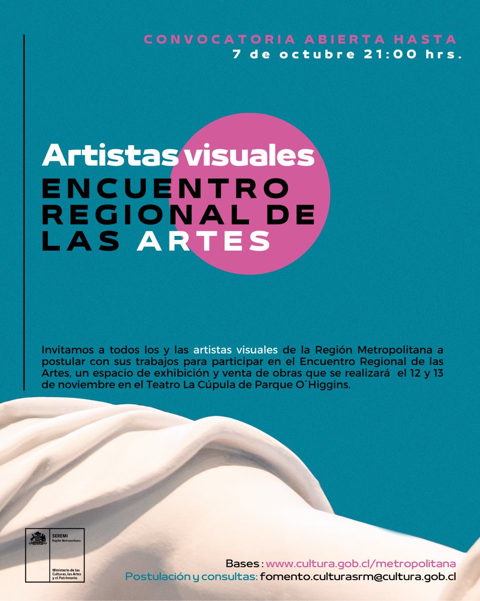 CONVOCATORIA PARA ARTISTAS VISUALES

📌Cierre de postulaciones: este viernes 7 de octubre a las 21:00 hrs.

Revisa las bases de postulación en el siguiente sitio web: cultura.gob.cl/metropolitana

<a href="/Culturas_RM/">Cultura Metropolitana</a> <a href="/culturas_cl/">Ministerio de las Culturas</a> <a href="/Muni_Stgo/">Santiago</a> <a href="/IraciHassler/">Irací Hassler Jacob</a> <a href="/Cordesan_stgo/">Cordesan Santiago</a> <a href="/teatrolacupula/">Teatro La Cúpula</a>