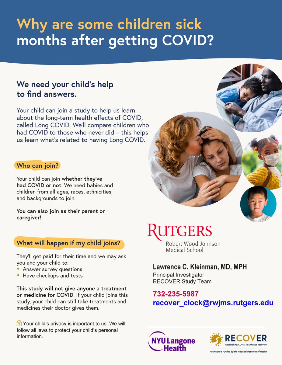 Rutgers RWJMedSchool (@rwjms) on Twitter photo Rutgers Seeks Participants to Research Long COVID in Children and Young Adults. Your child can join a study to help us learn about the long-term health effects of COVID. See the image to contact the study team and for more information. <a href="/RutgersU/">Rutgers University</a> @RutgersBHS <a href="/RWJUH/">Robert Wood Johnson University Hospital</a> Rutgers Seeks Participants to Research Long COVID in Children and Young Adults. Your child can join a study to help us learn about the long-term health effects of COVID. See the image to contact the study team and for more information. <a href="/RutgersU/">Rutgers University</a> @RutgersBHS <a href="/RWJUH/">Robert Wood Johnson University Hospital</a>