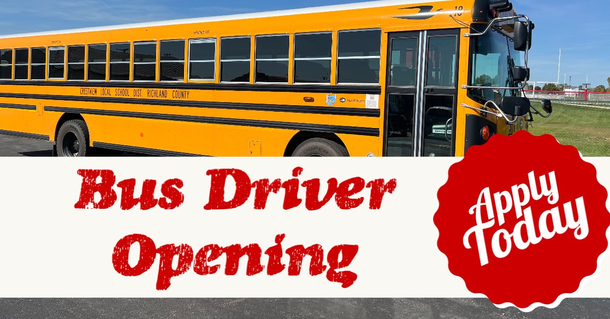 Crestview Local Schools (Ashland) has an immediate opening for a regular route bus driver. Application information is available on our website at the link below. 

buff.ly/3EBtqzF
