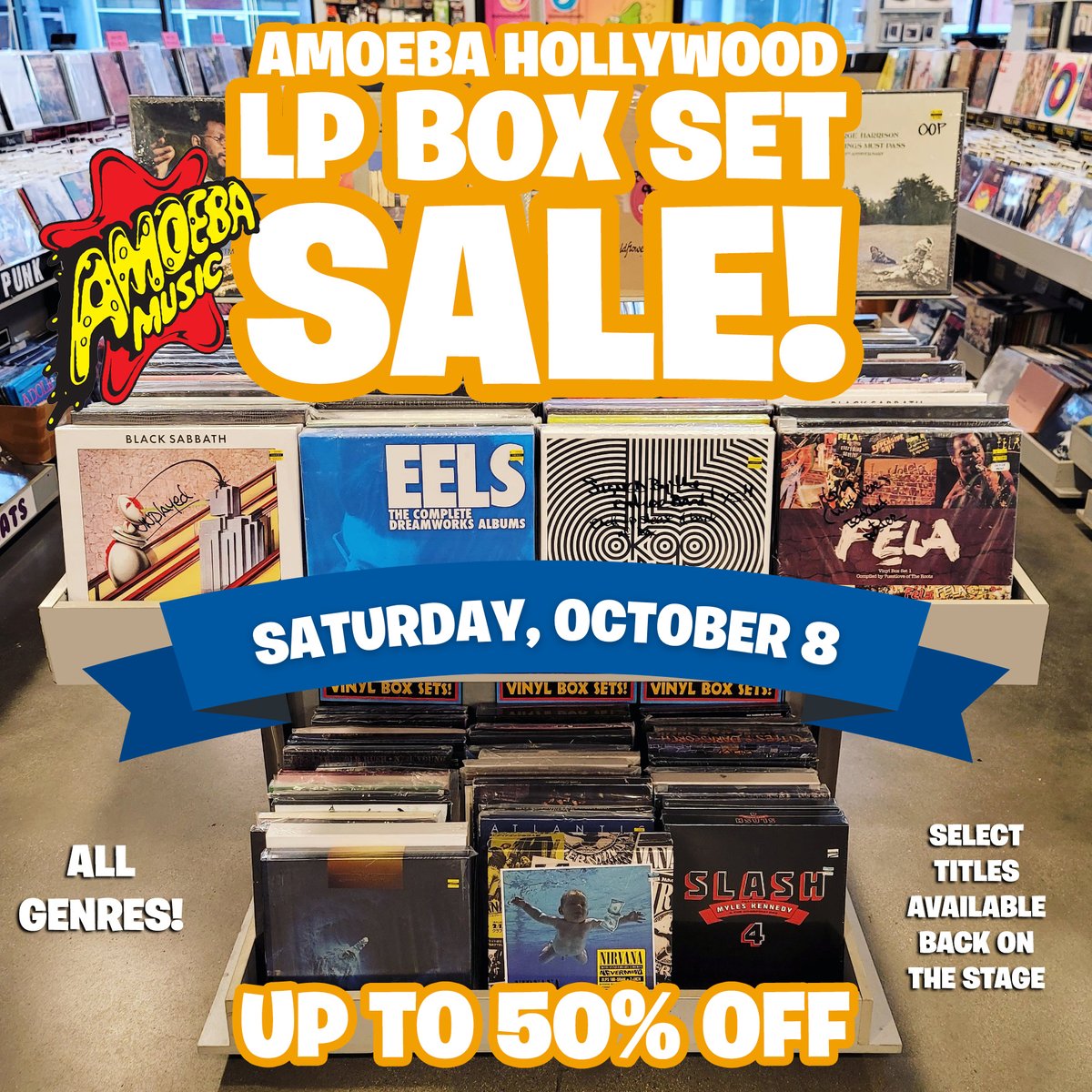 amoebamusic's tweet photo. Amoeba Hollywood is having a sale on select used vinyl LP box sets this Saturday, October 8th! Prices will be discounted up to 50% off! All genres represented. 

Look for the LP box set sale on the stage starting at 11am on Saturday! 👀 https://t.co/vLROw5Y1j9