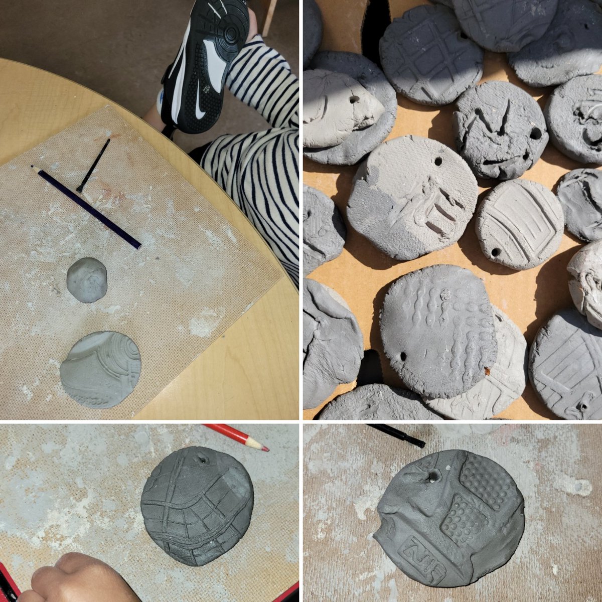 SFUSDArts's tweet photo. So fun to see our youngest learners at Commodore Stockton Early Education School describing clay ("sticky" "cold" "smushy") and using non-traditional art tools (like their shoes!) to stamp designs, then practicing the letters of their names 🤍 #wearesfusd #artislearning https://t.co/GSvsmb0tB1