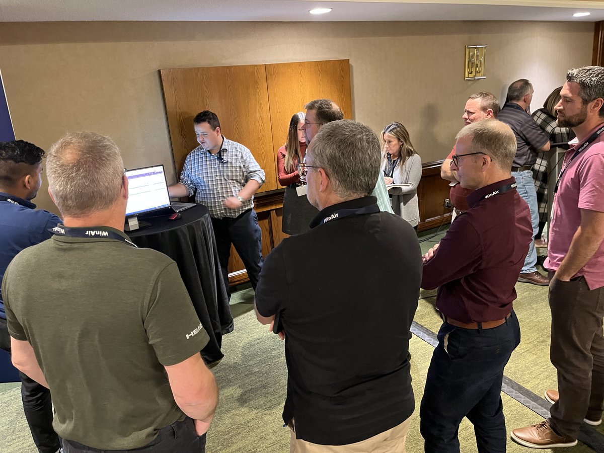 WinAir_Software's tweet photo. 💻 Our #WinAirVersion7 demo stations have been a huge hit at this year's 🛠️#WinAirUserSummit! In these images, clients review new #Software enhancements presented by #WinAir Product Specialists and #AircraftServices team members—#Read: https://t.co/uSDDgmOSys #AircraftMaintenance https://t.co/6mO9rzOob8