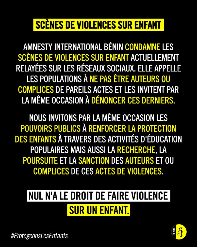amnestybenin's tweet image. Scènes de violences sur enfant. 
@amnestybenin condamne les scènes de violences sur enfant actuellement relayées sur les réseaux sociaux. Elle appelle les populations à ne pas être auteurs ou complices de pareils actes et les invitent par la même occasion à dénoncer ces derniers.