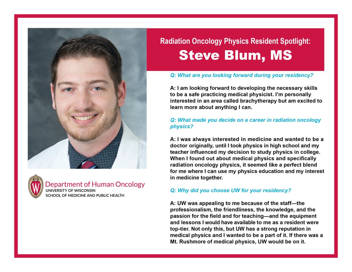 UW Department of Human Oncology (@uw_radoncdho) on Twitter photo <a href="/UW_RadoncDHO/">UW Department of Human Oncology</a> welcomes <a href="/SBlumPhysics/">Steven Blum</a> to the Radiation Oncology Physics Residency Program. Steve earned his MS in medical physics from Hofstra University. Find out below how he got into the field and why he chose UW for his residency. <a href="/UW_RadoncDHO/">UW Department of Human Oncology</a> welcomes <a href="/SBlumPhysics/">Steven Blum</a> to the Radiation Oncology Physics Residency Program. Steve earned his MS in medical physics from Hofstra University. Find out below how he got into the field and why he chose UW for his residency.