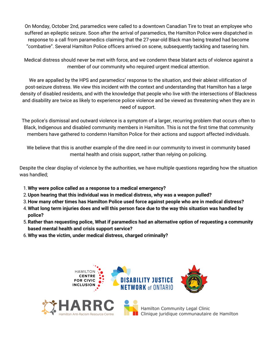 Joint statement about the October 2nd incident at Canadian Tire #HamOnt