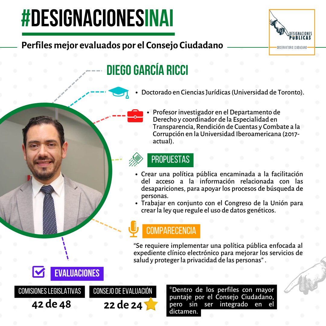designaciones's tweet photo. #DesignacionesINAI | 🔎 Conoce la trayectoria y propuestas de Diego García Ricci (@dgricci), aspirante a comisionado del @INAImexico. 

Indispensable que la #JUCOPO del @senadomexicano garantice una designación con los perfiles más idóneos. 

#SinCuotasNiCuates
#PerfilesIdóneosYa https://t.co/5OfECtJDW2