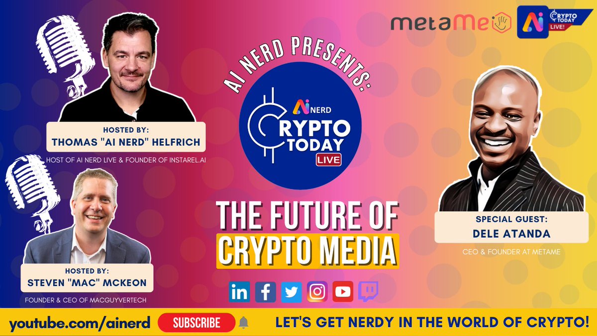 metaknyts's tweet photo. CEO Dele Atanda will be on Crypto Today with Steven 'Mac' Mckeon and Thomas 'Ai Nerd' Helfrich. They will be exploring how metaKnyts is shaping the Crypto Media space, and how they are thriving during these challenging economic times. https://t.co/iDJFjqwkzd #ainerd #metaknyts https://t.co/Z9WX5N6aXo