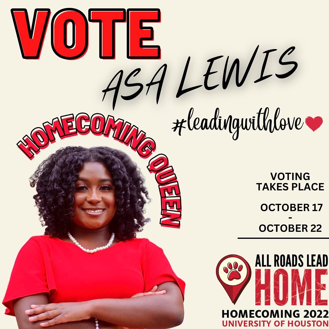 UH_C100's tweet photo. The Metropolitan Chapter of Collegiate 100 at University of Houston is PROUD to endorse our very own member Asa Lewis as the 2022 UH Homecoming Queen. 

Voting begins on Monday Oct.17 through Access UH> Get Involved> 2022-2023 Homecoming Court Form 

#LeadingWithLove❤️ https://t.co/15nRL5dMd3