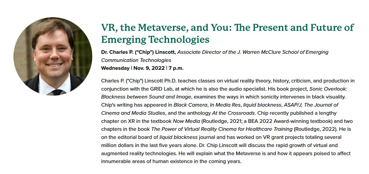 ECTatOHIO's tweet image. Join the Ohio University Alumni Association for our Alumni Academy! ECT's own Dr. Charles P. ("Chip") Linscott will be speaking on VR, the Metaverse, and You on Wednesday, November 9, 7:00-8:00 p.m. Register here: secure3.convio.net/ohio/site/Tick…