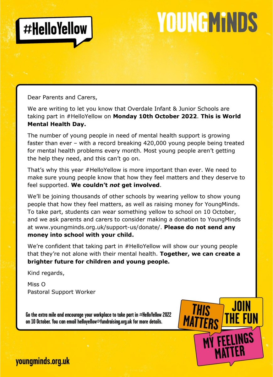 Monday 10th October is World Mental Health Day. Children are invited to come to school on 10th dressed in YELLOW to stand out and show that how they feel matters. We invite all our families to join us in wearing yellow for the day! 💛 #helloyellow <a href="/OverdaleInfant/">Overdale Infant School</a>