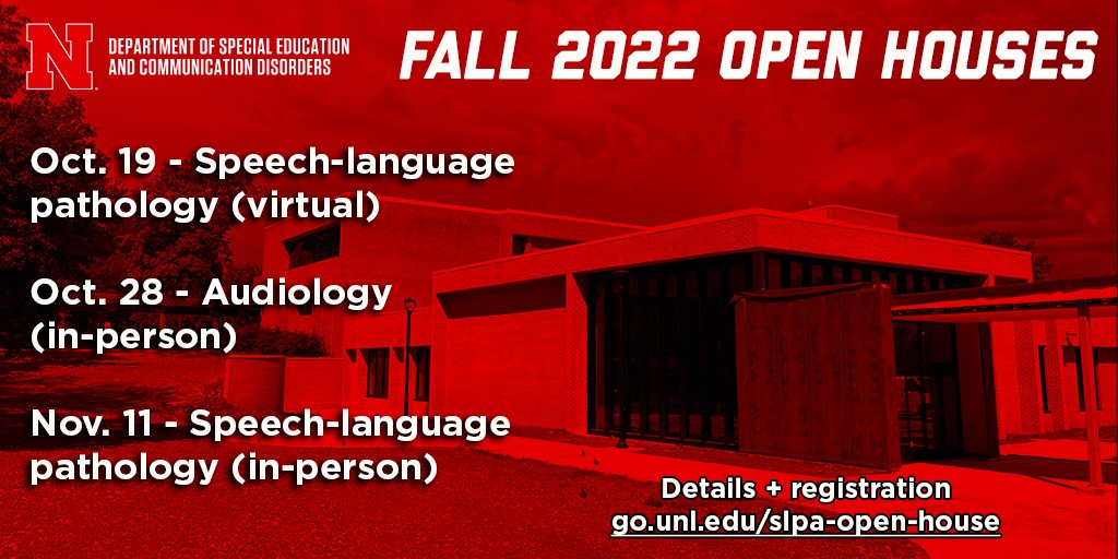 There's still time to register for one of our upcoming open houses to learn more about our audiology and speech-language pathology grad programs.

Details + registration -> go.unl.edu/slpa-open-house

<a href="/UNLGradStudies/">Graduate Studies at Nebraska</a>
#UNL #UNLCEHS #Audiology  #Aud2B #SLPeeps #SLP2B