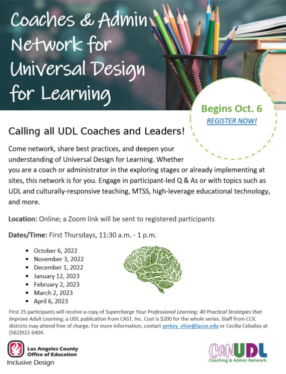 Our support network for UDL coaches and administrators starts tomorrow. Join anytime this year to meet and work with other leaders implementing UDL. Register now: lacoe.k12oms.org/2529-223945