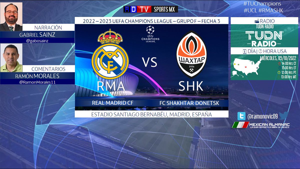 ramonovic09's tweet photo. #UCL 2022-2023 #Fecha3 | @realmadrid 🆚 @FCShakhtar
🇪🇸 #RealMadrid 🇺🇦 #ShakhtarDonetsk
🗓️ Hoy
🇺🇲 ⏰ 15:00 Hrs ET, 12:00 Hrs PT
📻 @TudnRadio
🌐 https://t.co/QcKY7ebjhO
📱💻 @UforiaMusica
🎤 @gabosainz
🎤📝 @RamonMorales11
#TuChampions #RealMadridShakhtar #RMASHK https://t.co/iJ4THWZhmO