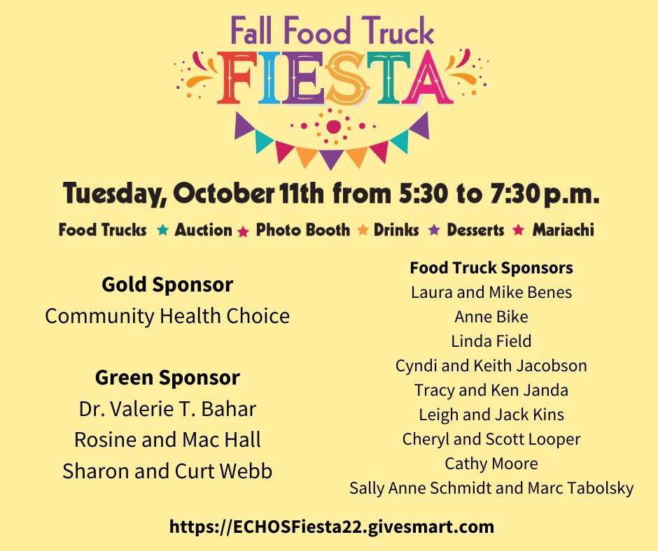 EchosHouston's tweet photo. Do you have your tickets for our Fall Food Truck Fiesta on Oct. 11th? Get your tickets today! Thank you to our incredible sponsors, Texas Pride Disposal &amp; Gold Party Pix! Our silent auction is available to preview check it out &amp; get your tickets at https://t.co/eYtWZjPBhJ https://t.co/kw4F4He947