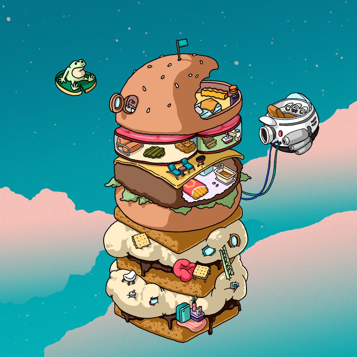 Love these <a href="/LofiLoftsNFT/">Lofi Lofts</a> and hold some. Here is one I like in Burger-Style. There is a lot to see and I will need some time to review the ones I have 😁 
Very creative artist!🙌🏻