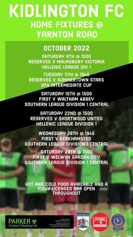 kidlingtonfc_'s tweet photo. Octobers fixtures for Yarnton Road
https://t.co/JQVQBLNeRd https://t.co/XWfg7dK8yQ