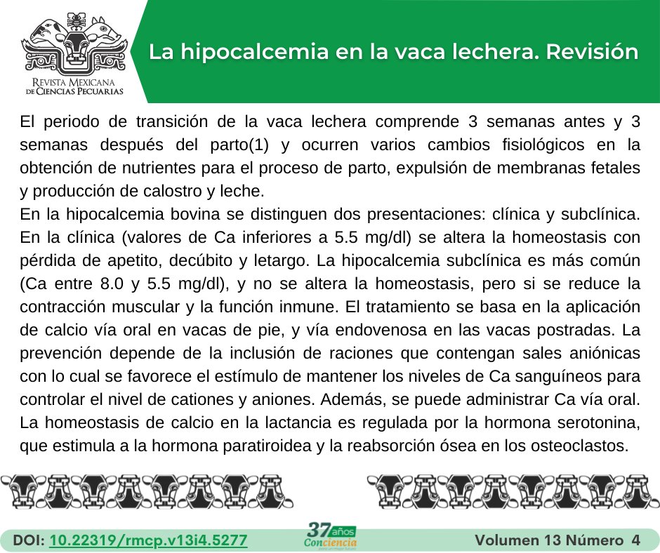 revistapecuaria's tweet photo. 🔗 https://t.co/e9e20QJIUF
Vol. 13, Núm. 4 (2022): Octubre-Diciembre
Sección: Revisión bibliográfica 🐄🥛

#CienciasPecuarias #INIFAP #México #revistasdelinifap #revistapecuaria #Hipocalcemia #Vacalechera #Homeostasis #Calcio #Serotonina #Metritis https://t.co/mQJsflUCV7