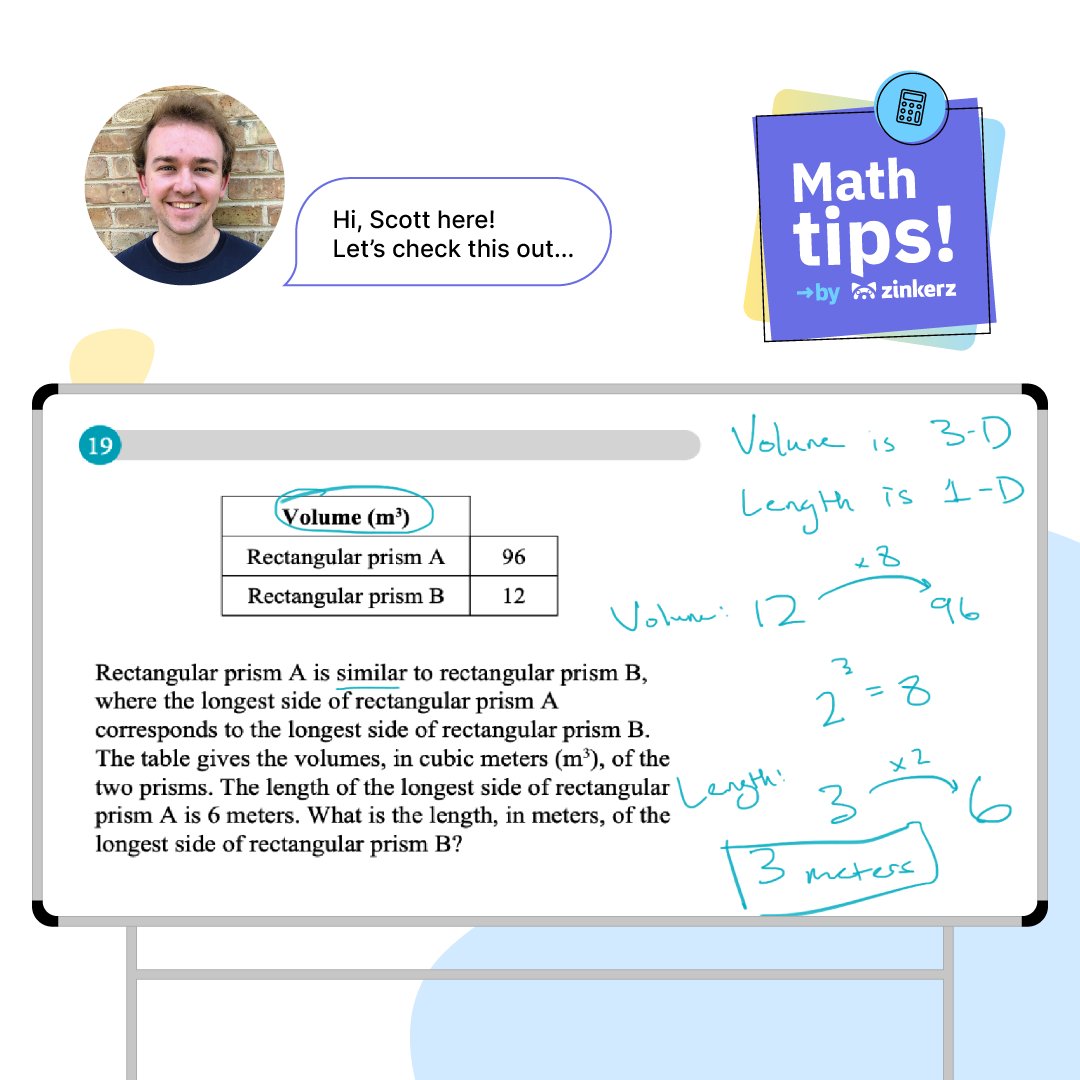 SAT Math Tip by Zinkerz! Scale factor in 3 dimensions is 8, take the cube root to get scale factor in 1 dimension, which is 2. Divide 6 by 2 to get 3. 

#satprep #sat #satmath #act #actprep #actmath #mathhack #zinkerzprep #zinkerz