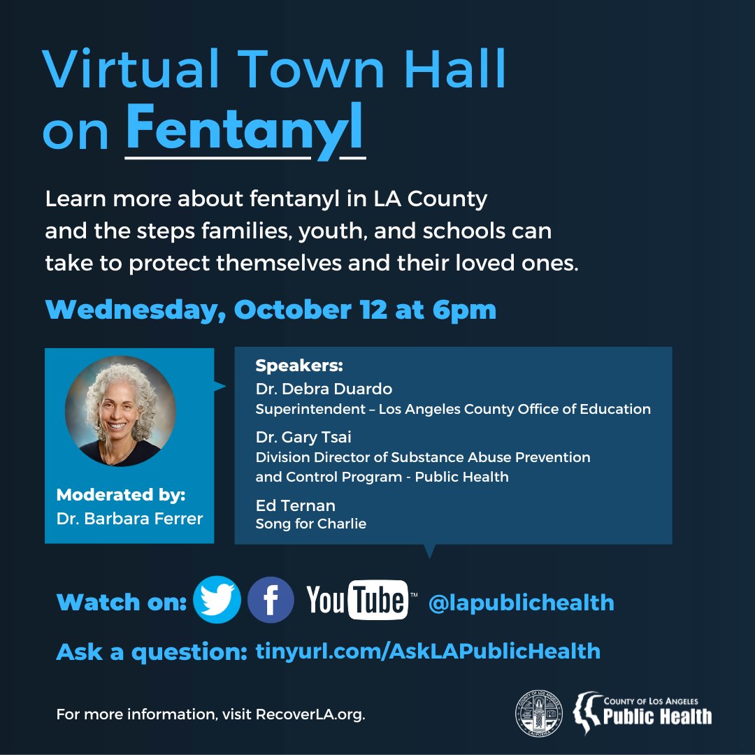 Save the date for our Virtual Town Hall on Fentanyl next Wednesday, October 12 at 6pm. Public Health experts will answer questions &amp; provide more information on Fentanyl in LA County to keep you &amp; your loved ones safe. Have a question? 
Submit here: tinyurl.com/AskLAPublicHea…