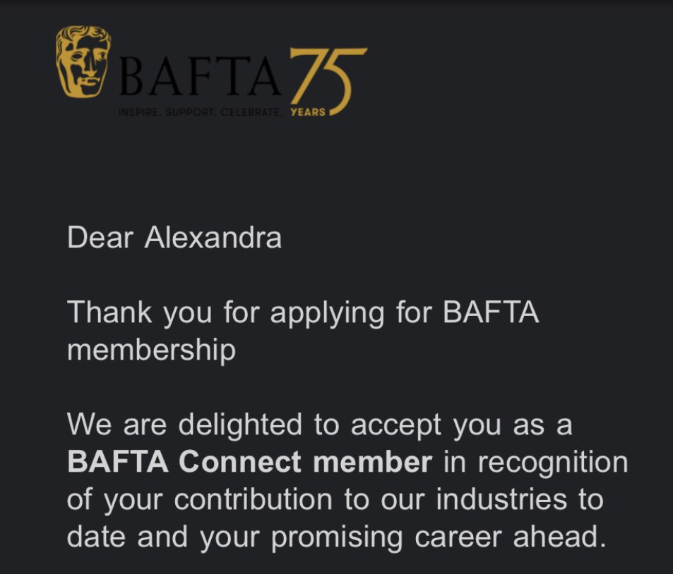 Oh too excited not to share! I’ve had a blast with BAFTA Crew the past few years, and I’m absolutely thrilled to now be a member of #baftaconnect Really looking forward to it, thank you <a href="/BAFTA/">BAFTA</a> ❤️