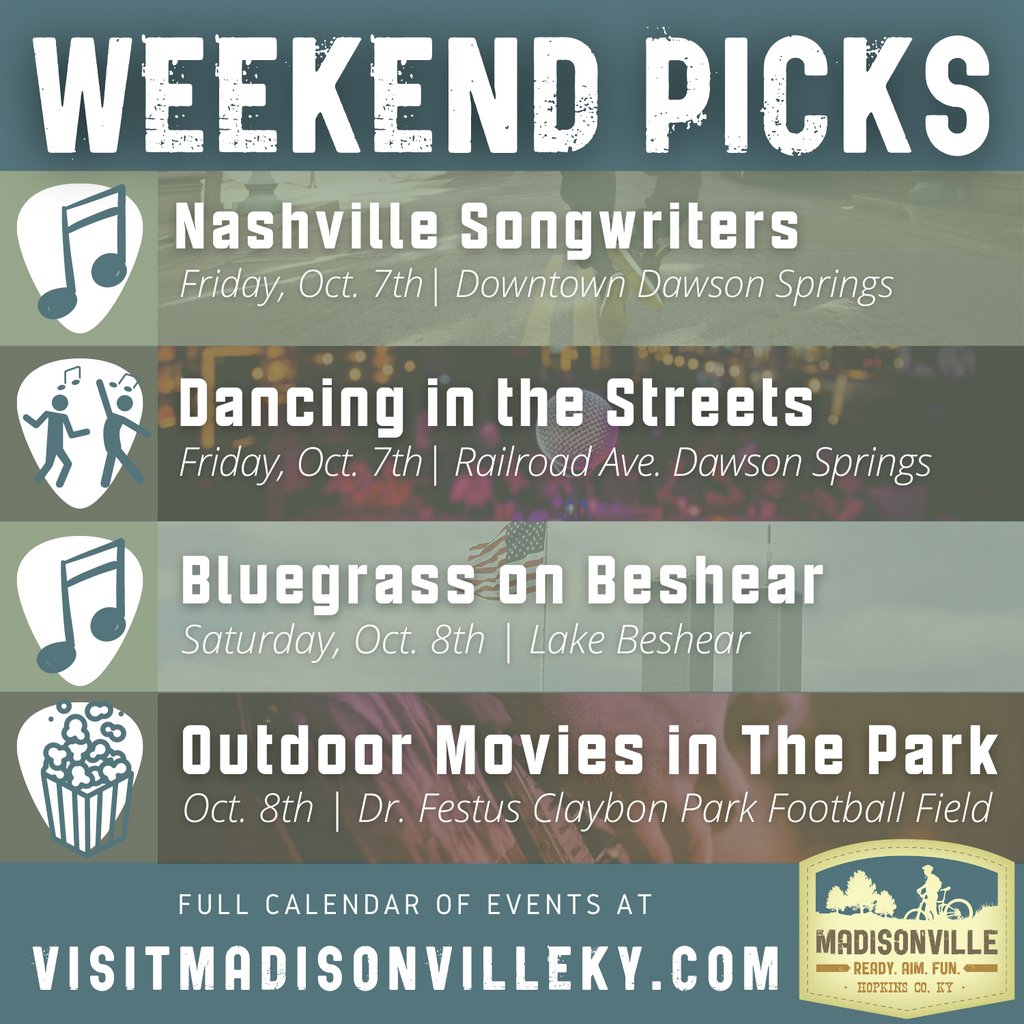 HCTourism's tweet photo. Music, dancing, and an outdoor movie! π΅ πΊ πΏ
Check out all of the upcoming events in Madisonville & Hopkins County β‘οΈ https://t.co/de4xWwRbXz
#thingstodo #weekendpicks #madisonvilleky #dawsonsprings #music #outdoormovie #freeevents #bluegrassmusic #readyaimfun #hopkinscounty https://t.co/DxPnrINV82