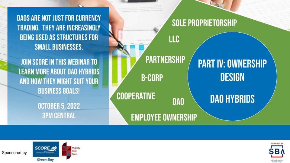Starting @SCORE_Green_Bay Webinar on #DAO #ownershipdesign. @jwpcPBC @JacqR5 @PallerJohn @opolis @opscientia share experiences setting up businesses based on DAO #smartcontracts. You can still register: ow.ly/cLO250KWaSh @SCOREMentors @SBA_Wisconsin