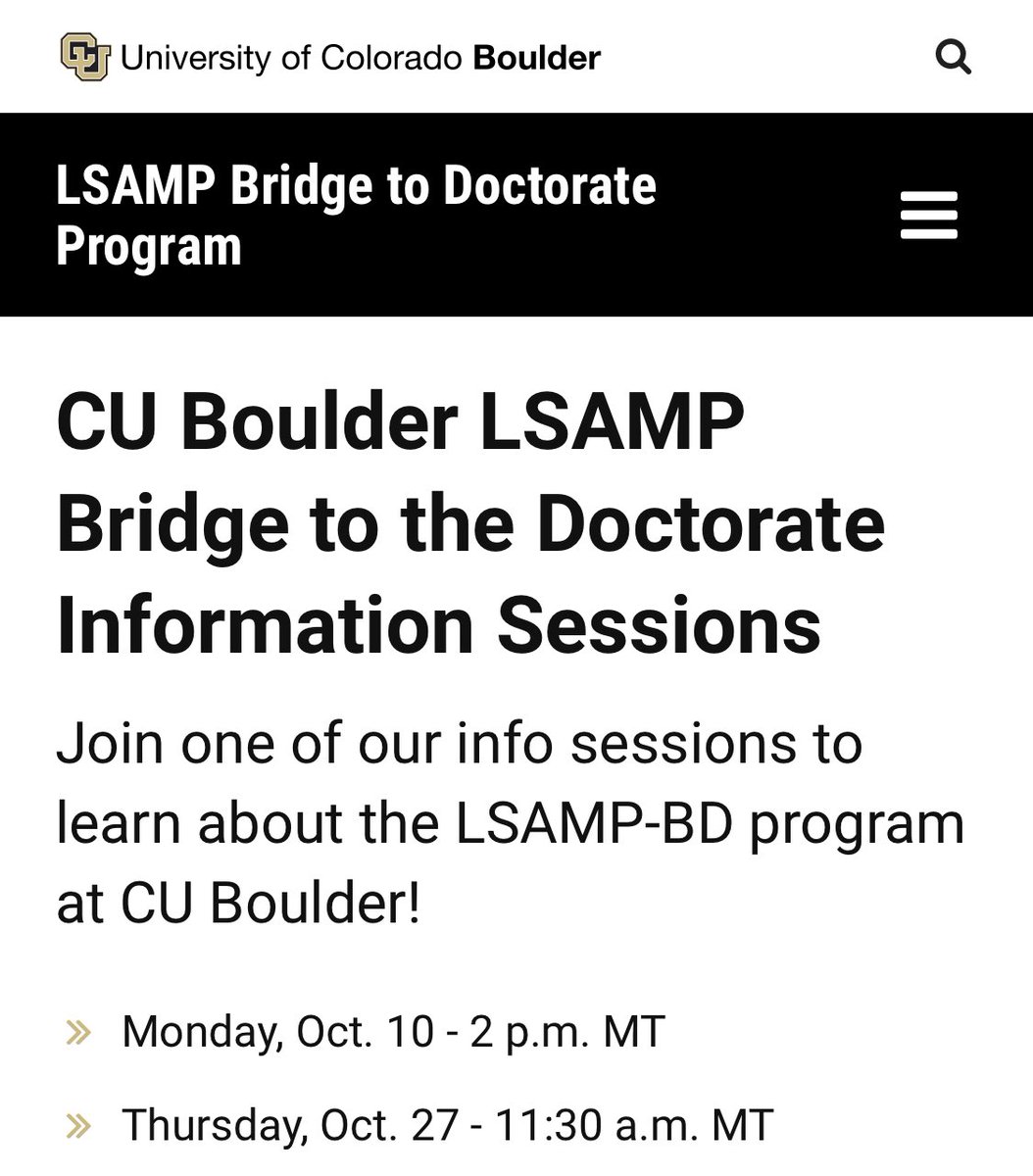 [Webinars] how to apply to CU graduate programs:
+October 10, 2pm MT
+October 27, 11:30am MT
#LSAMP students interested in pursuing PhD degree in Chemical &amp; Biological #Engineering, #ComputerScience &amp; #Physics may REGISTER: bit.ly/3efNuMV