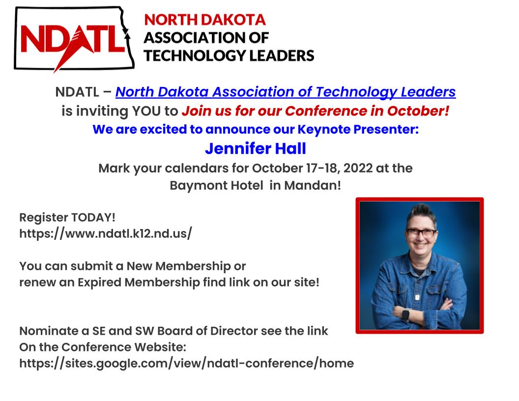 The NDATL Annual conference is just under two weeks from today!  Be sure to register soon!  Excited to feature <a href="/apsitjen/">Jen Hall, NBCT</a>!

sites.google.com/view/ndatl-con…