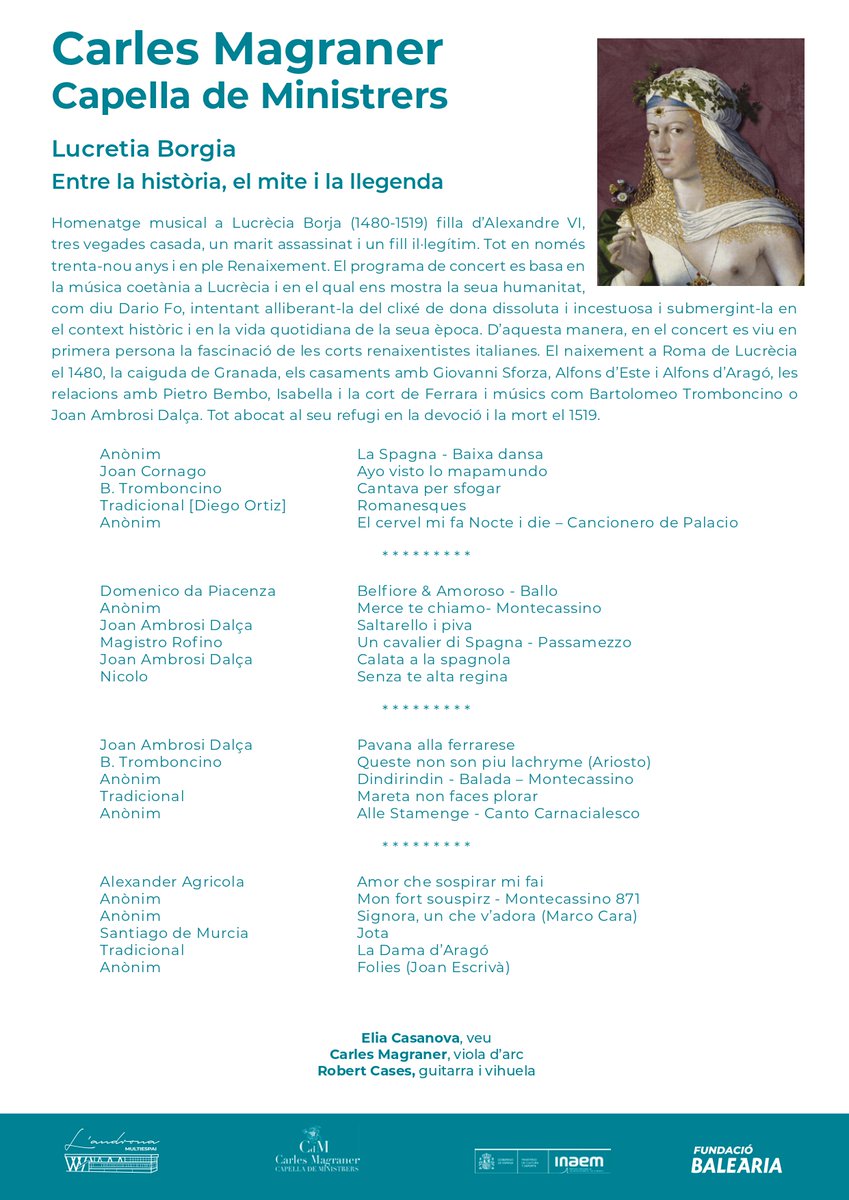 🆕 Dissabte gaudirem del concert de Capella de Ministrers 'Lucretia Borgia. Entre la Història, el mite i la llegenda'.

🎶 Aquest homenatge musical ens submergeix en
el context històric i en la vida quotidiana de l'època d'aquest personatge.

🕖 19.30 h
📍 @BaleariaPort, #Dénia.