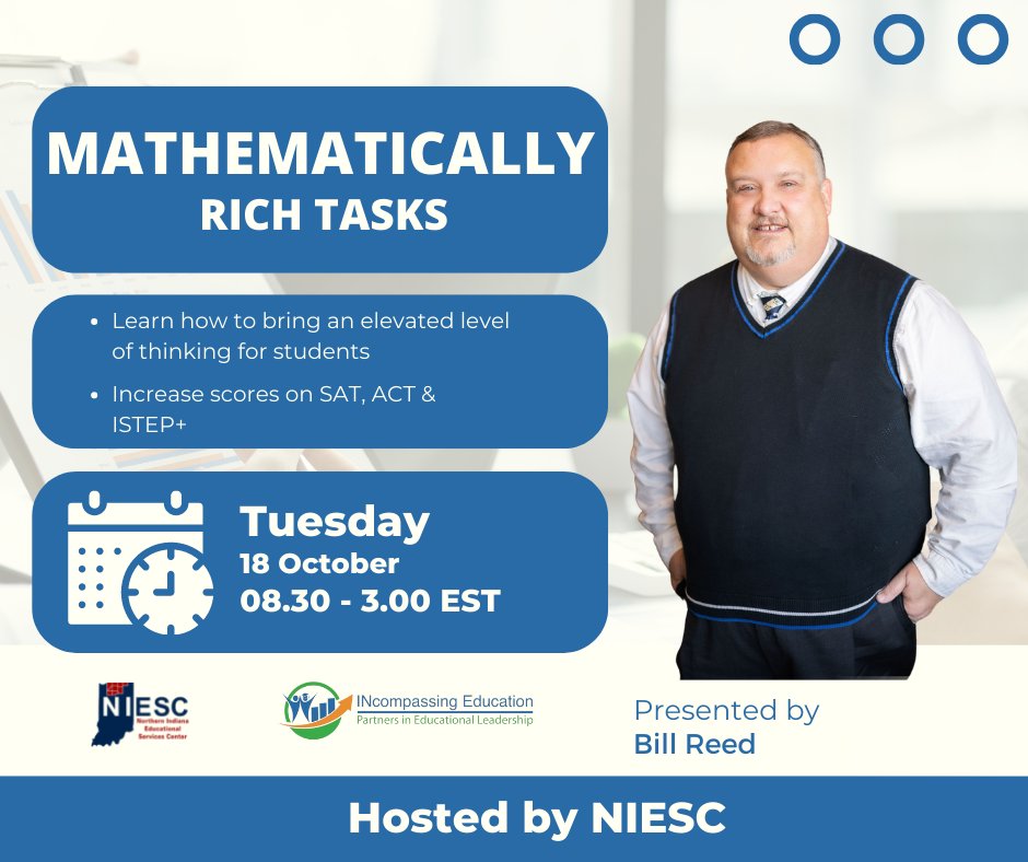 McKinleyDianne's tweet photo. Join Bill Reed for his "Mathematically Rich Tasks," hosted by NIESC.  Click here to register:  https://t.co/Hyy6tLtAIm

@A_Math_Guy @NorthernInESC
#professionallearning #studentsuccess #mathteachers #k12educators #NIESC https://t.co/WiZeRQJnlF