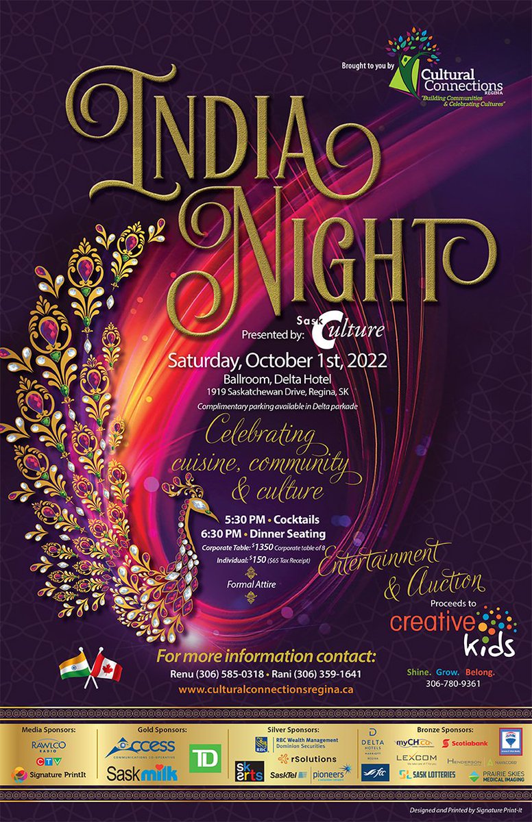 CreativeKidsSK's tweet photo. #ThankYou to #CulturalConnectionsRegina for presenting us with the initial proceeds from #IndiaNight in the amount of $110,000. The event in partnership with #SaskCulture helped raise money for Creative Kids. Stay tuned for the final total of dollars raised. https://t.co/0O8ytT5Ry3