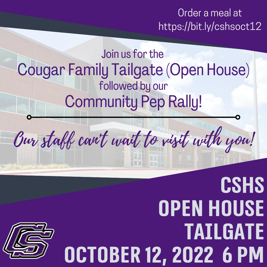 CSHighSchool's tweet photo. Join us next week for our Cougar Open House Tailgate followed by the CSHS Community Pep Rally at Cougar Field!

Order dinner for your family here: https://t.co/1jMH9Wjn5W https://t.co/k9SU0Bi1ev