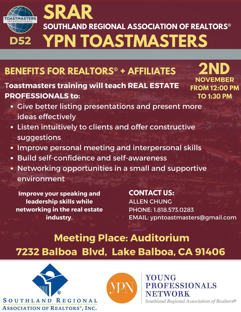 Calling all Real Estate Professionals. The Southland Regional Association of Realtors Young Professional Network committee is chartering a new Toastmasters club. 

#Toastmasters #Leadership #PublicSpeaking #Realtor #Realtors #RealEstate #SRAR #YoungProfessionalsNetwork
