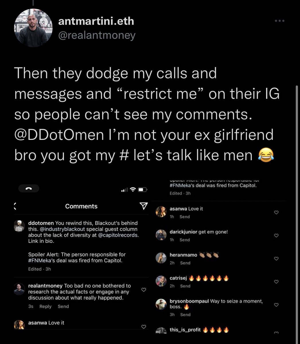 fakeantmoney's tweet photo. Dodge me then “restricted me” https://t.co/qopZQVdOlN