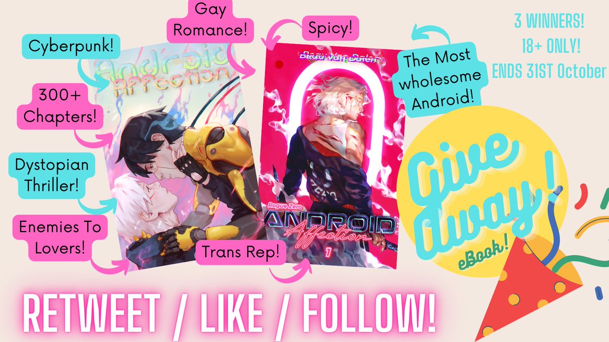 BeauVanDalen's tweet photo. 💫🌈🤖!Special Halloween Giveaway!🤖🌈💫

✨4 readers will win an eBook copy of my cyberpunk romance novel 'Android Affection'! 💖🌈🏳️‍⚧️✨ 

💖RT/Like/Follow @BeauVanDalen to enter!
💖 Must be 18+ to join
💖 ENDS: Oct 31st

✨#FreeReads #Freebook #BookTwitter #QueerReads #booktwt✨ https://t.co/XRU5u09jr5