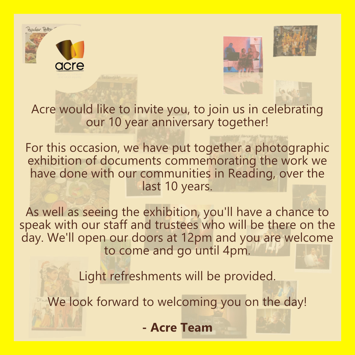 acrereading's tweet photo. To celebrate our 10th Anniversary, please join us this coming Monday 10th October 12-4pm, at our offices (344 Oxford Rd, Reading, RG30 1AF) for our Open Day which will host a commemorative photo exhibition!

We look forward to welcoming you! https://t.co/4DqUDSkldI