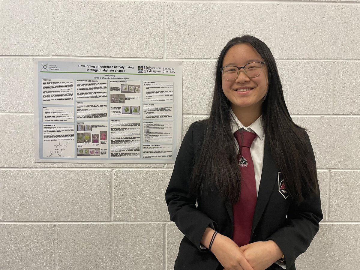 SL_THS_Sciences's tweet photo. Here is Shing, our superstar scientist who completed a 2 week @NuffieldFound summer placement in @UofGChem working on sodium alginate and its use in outreach work with children 👏🏼👩🏻🔬👏🏼 #nuffieldsummer @SSERCofficial https://t.co/UoEJyuXYnm