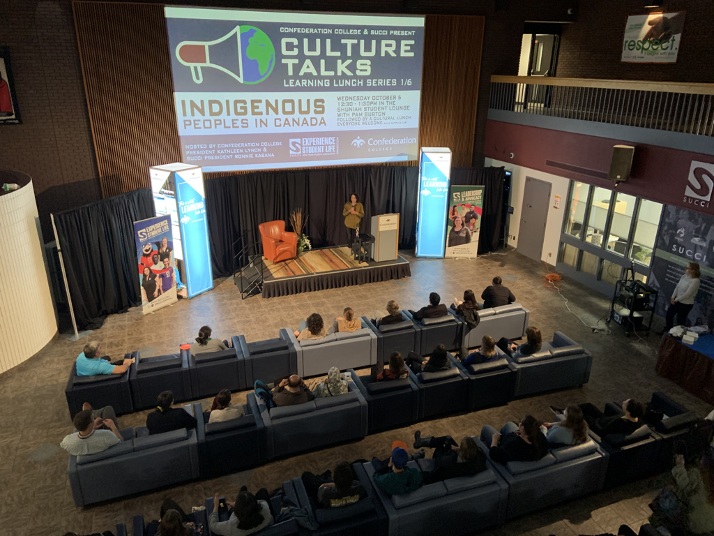 Confederation's tweet photo. Today we hosted the first of six Culture Talks Learning Lunches. Associate Dean Pamela Burton spoke about Indigenous Peoples in Canada followed by a free lunch of bison stew and bannock. https://t.co/HiN1DpmYkq