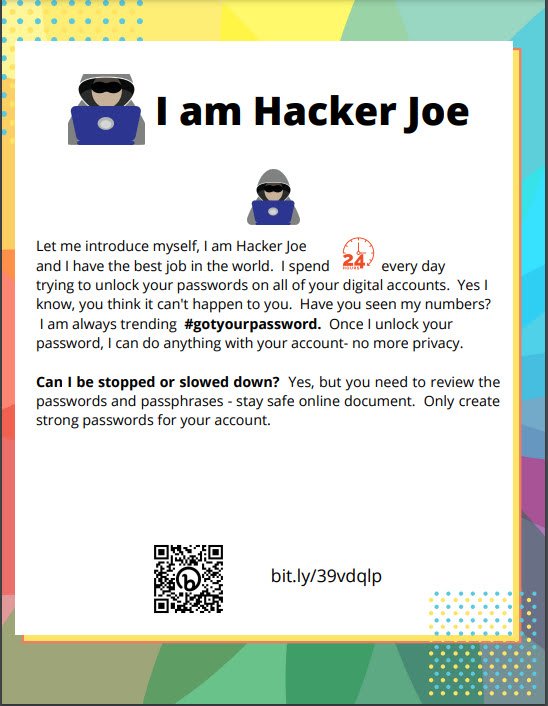 SokolikKatie's tweet photo. Do you know #HackerJoe? He'll really make a mess of all your online accounts if you're not careful with your passwords! Join me &amp; @AliefTech this year as monthly we highlight tips, tools, &amp; more about #InternetSafety &amp; #DigitalCitizenship. #BeSafeOnlineAlief @AliefISD https://t.co/SlhTHlsKdr