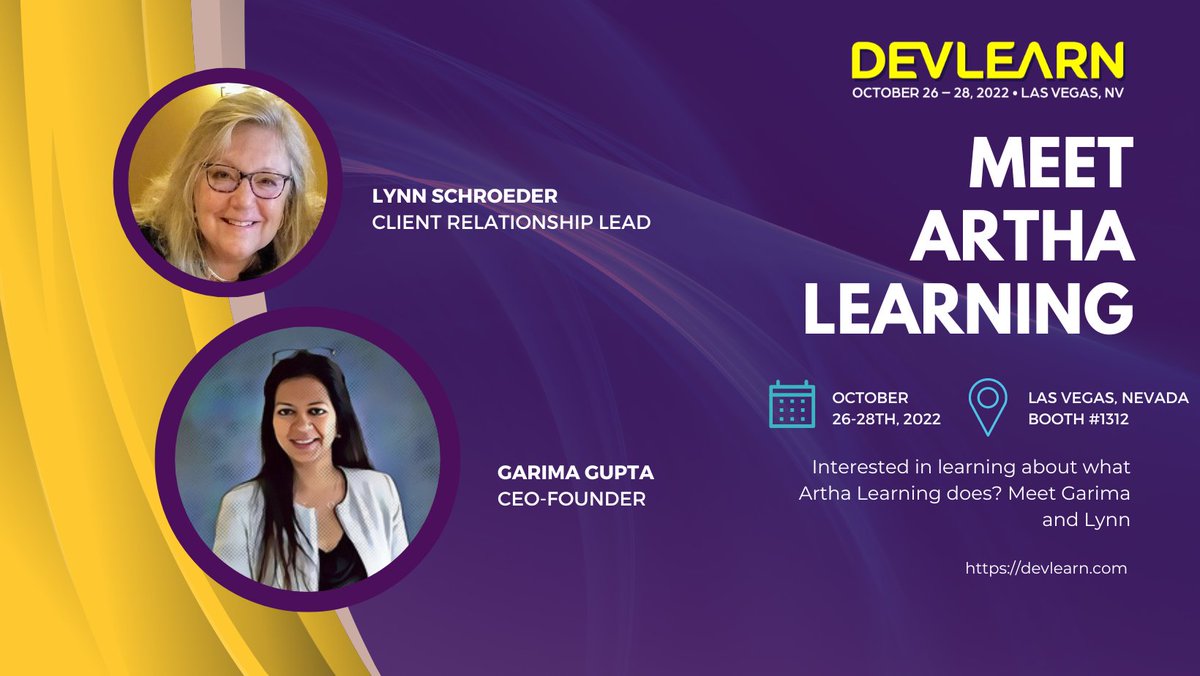 Are you attending DevLearn 2022? Do drop by our booth (Number 1312) and learn all about Artha Learning Inc - an award-winning, end-to-end learning solutions firm specializing in all forms of #digitalLearning.

#expoTime #DevLearn22 #eLearning #Vendor