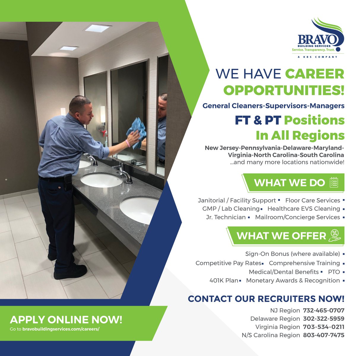 BravoGroupNews's tweet photo. We're #hiring...immediate openings for General Cleaner positions (FT and PT) in Richmond, Virginia at Capital One/West Creek. 

FLEXIBLE SCHEDULES AVAILABLE!

Contact Ivan Chavarria at 703-345-8735, ichavarria@bravofacilityservices.com
Apply online at https://t.co/IrwlsCxucJ https://t.co/VLFA6s7tik