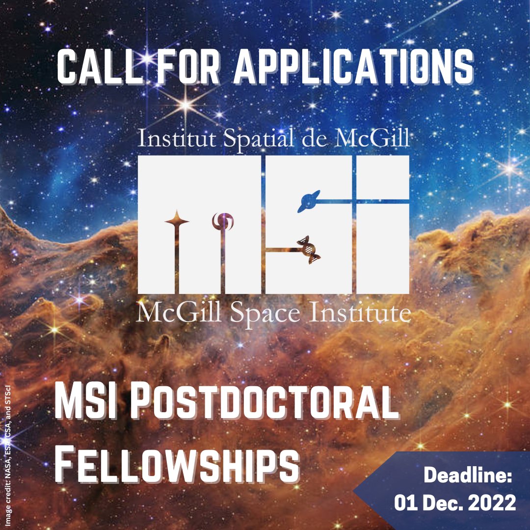 TSIMcGill's tweet photo. Would you like to live in Montreal &amp; work at 
@mcgillu with world-class researchers? Applications are now open for our McGill Space Institute Postdoctoral Fellowships! 
Deadline: 01 Dec 2022
Full description: https://t.co/NTXk5ksmfP
Apply: https://t.co/1TkHipVDEG https://t.co/xQK500LYk8