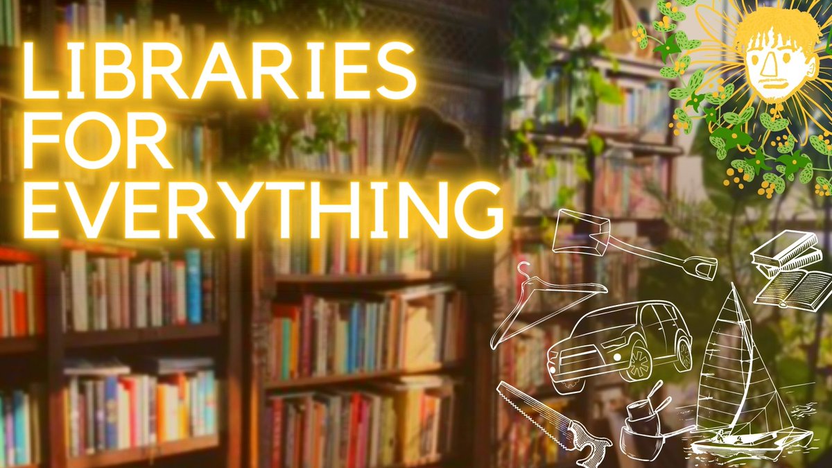Text: libraries for everything
image in background: bookshelf
andrewism logo in top right corner
icons of various vehicles, tools, and other objects in bottom right corner