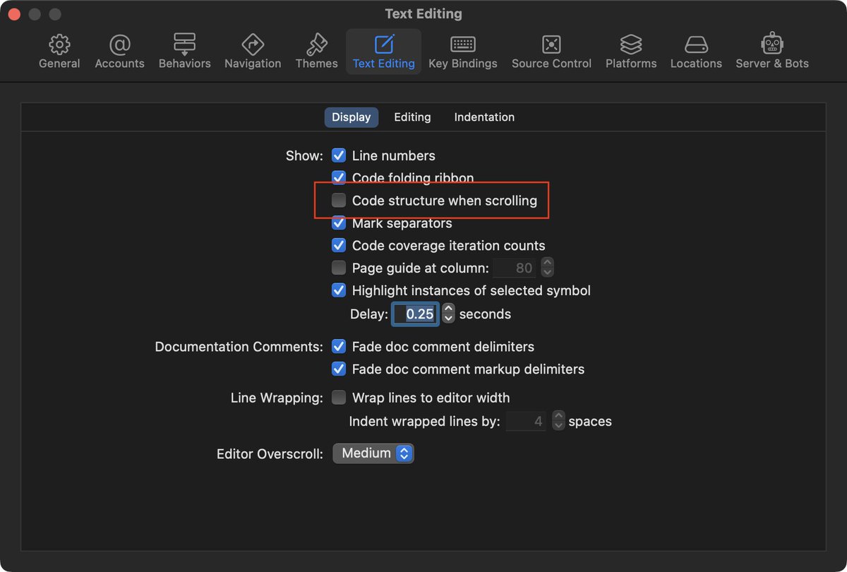 evankstone's tweet image. If you're not a fan of the "sticky" function definitions in Xcode 14, here's where you can disable them...
#iosdev 
#Xcode14