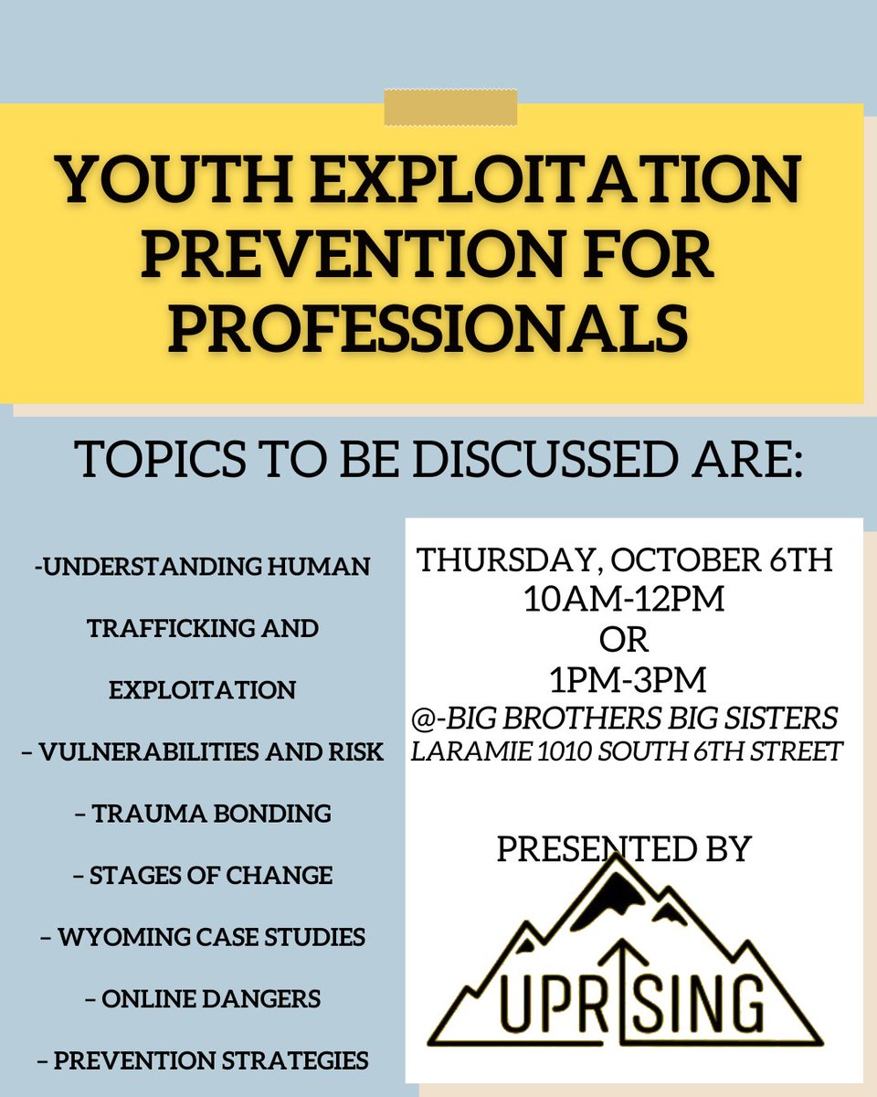 FeedLarValley's tweet photo. Uprising is offering a class for professionals who work with youth of any age in any capacity. The class will focus on tangible prevention strategies that you can implement in your day-to-day work with youth that will lower their risk of exploitation.

Follow the link to sign up. https://t.co/vuqnVq9GRy